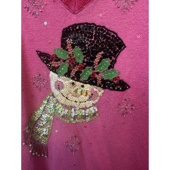 Vintage Quacker Factory Sweater Light Pink Snowman Sequins Womens L Embroidered - Picture 3 of 5
